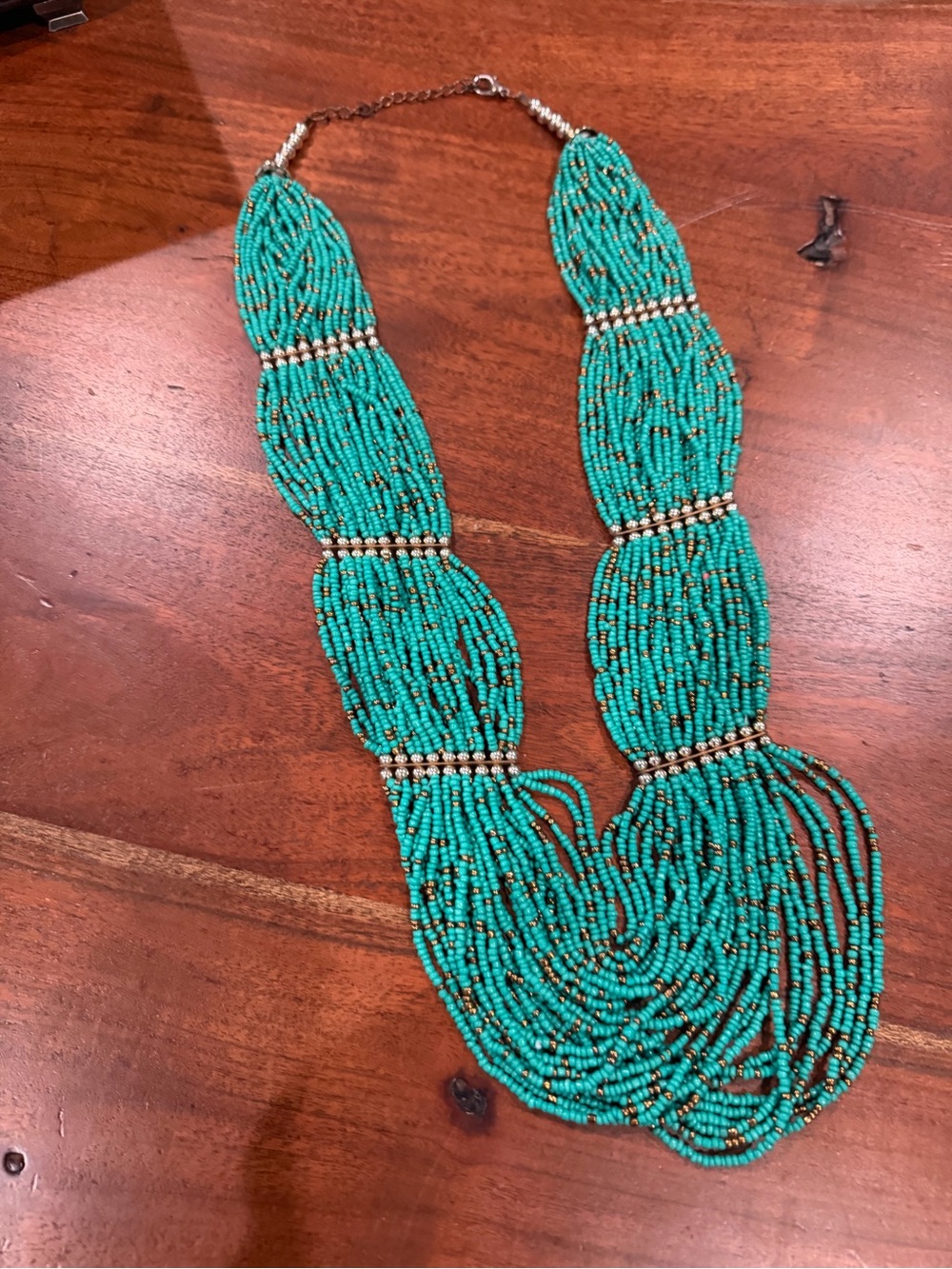 Source Unknown Turquoise Multi-Strand Seed Bead Necklace with Gold Accents